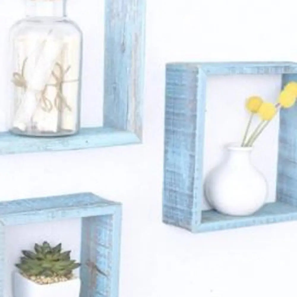 Set Of 3 Square Robins Egg Blue Reclaimed Wood Open Box Shelve - NOBLE HOME INTERIORS