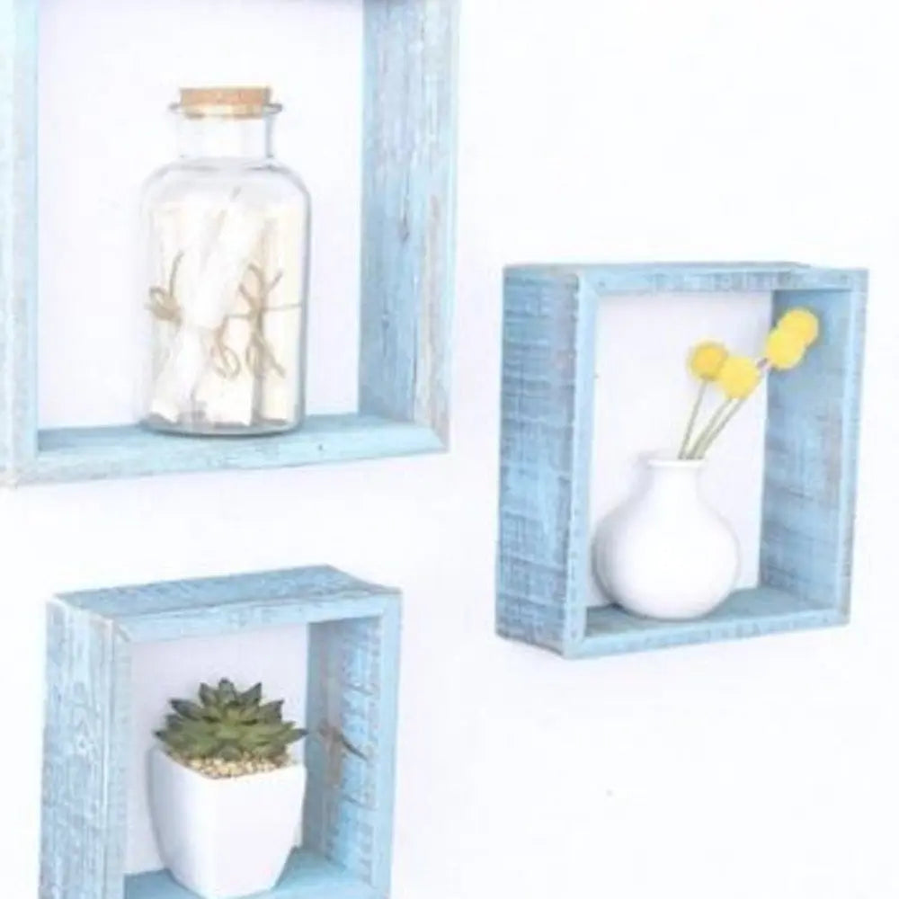 Set Of 3 Square Robins Egg Blue Reclaimed Wood Open Box Shelve - NOBLE HOME INTERIORS