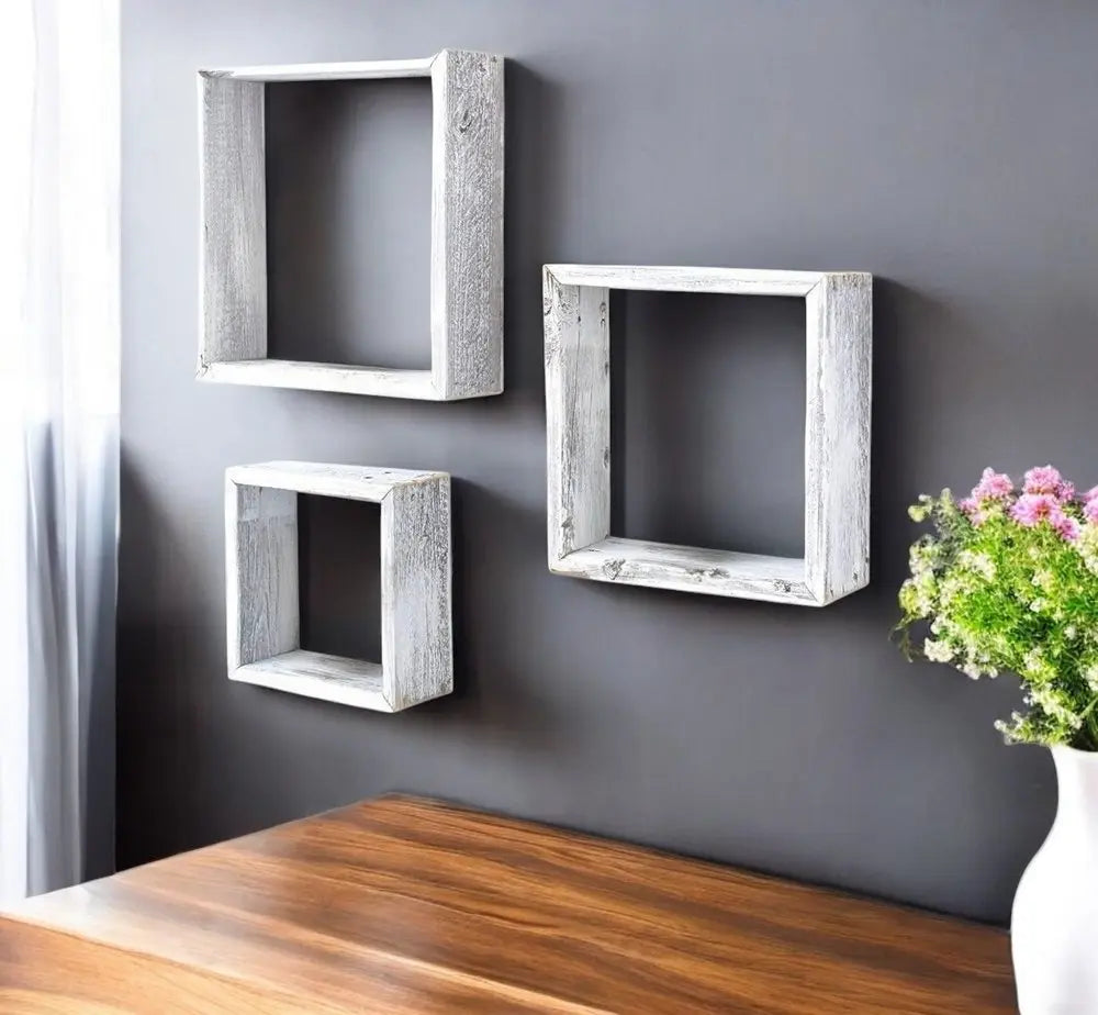 Set Of 3 Square Rustic White Wash Wood Open Box Shelve - NOBLE HOME INTERIORS