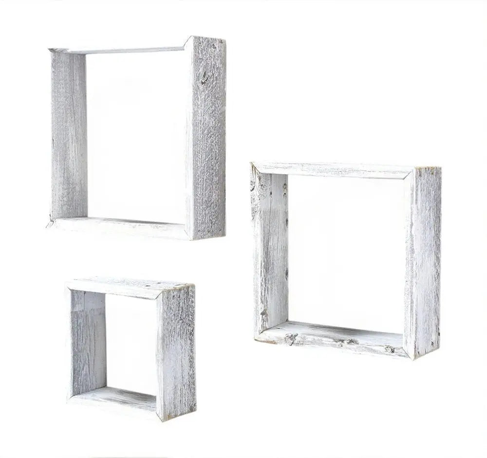 Set Of 3 Square Rustic White Wash Wood Open Box Shelve - NOBLE HOME INTERIORS
