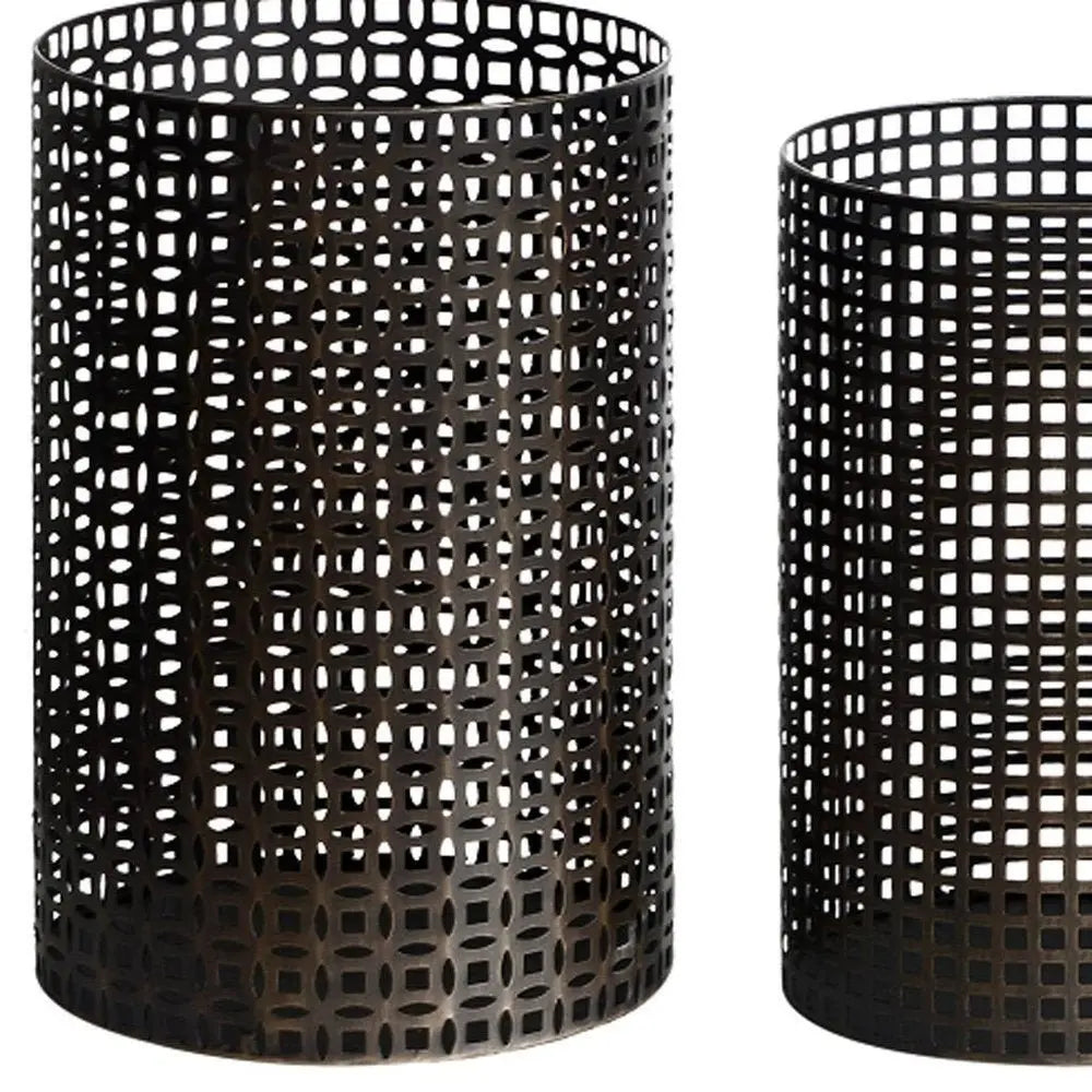 Set of Five Dark Brown Pierced Geometric Metal Tabletop Hurricane Candle Holders - NOBLE HOME INTERIORS