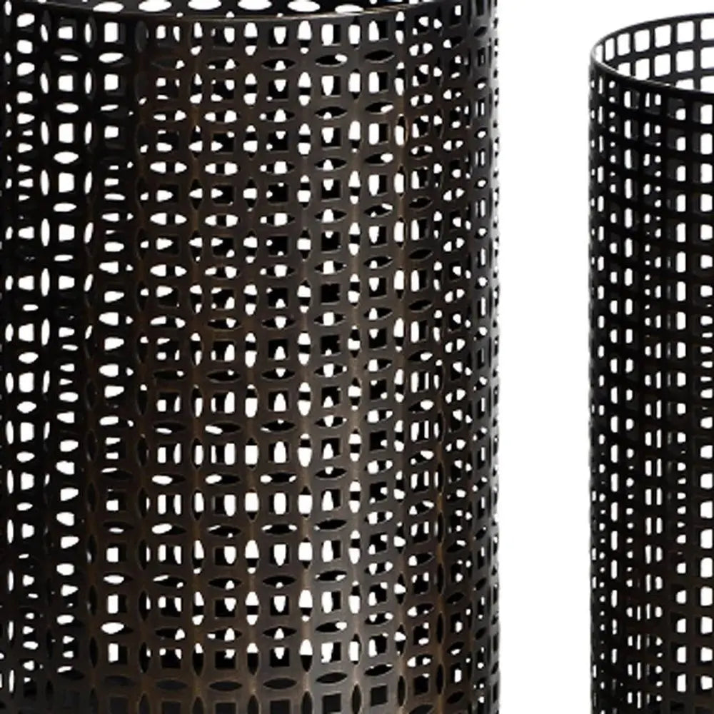 Set of Five Dark Brown Pierced Geometric Metal Tabletop Hurricane Candle Holders - NOBLE HOME INTERIORS