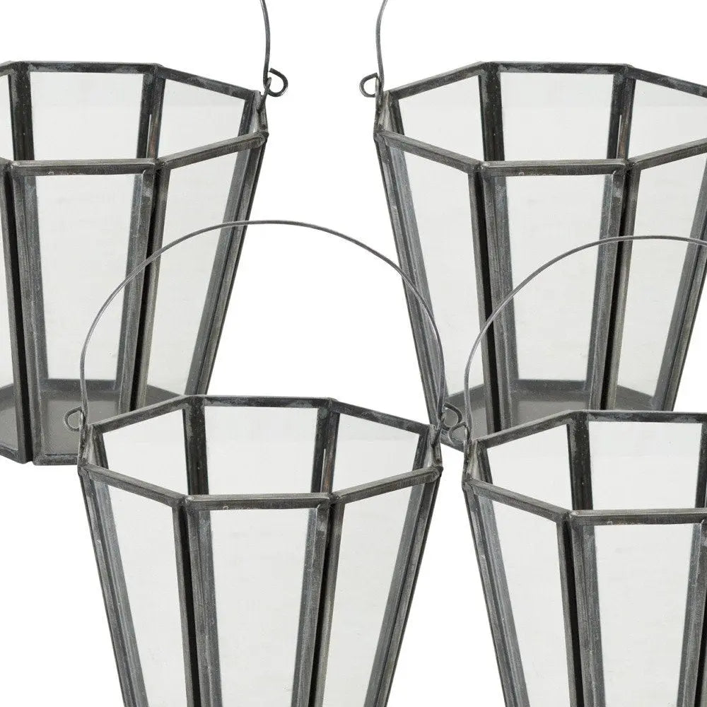 Set of Four Gray Distressed Geometric Iron And Glass Tabletop Votive Candle Holders - NOBLE HOME INTERIORS