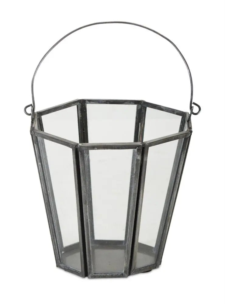 Set of Four Gray Distressed Geometric Iron And Glass Tabletop Votive Candle Holders - NOBLE HOME INTERIORS