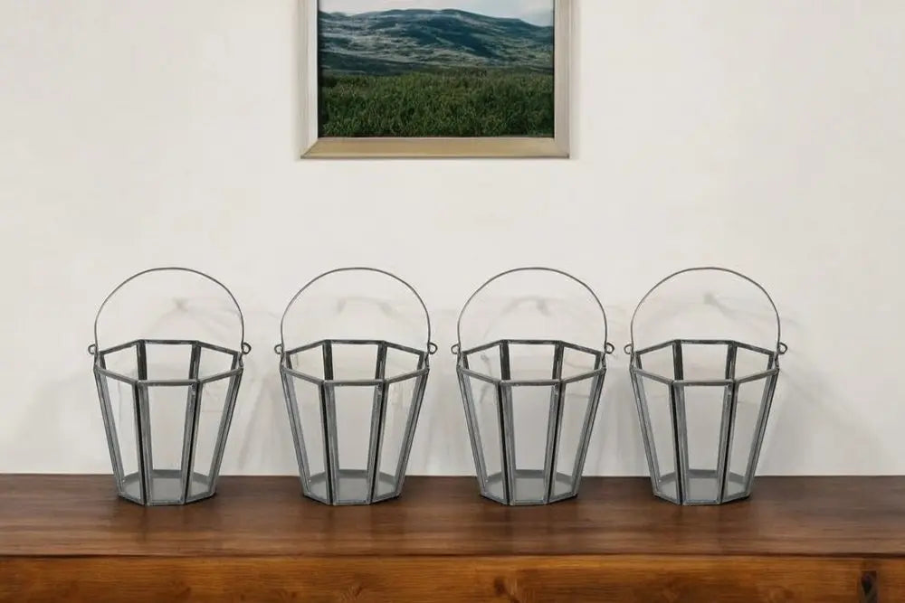 Set of Four Gray Distressed Geometric Iron And Glass Tabletop Votive Candle Holders - NOBLE HOME INTERIORS