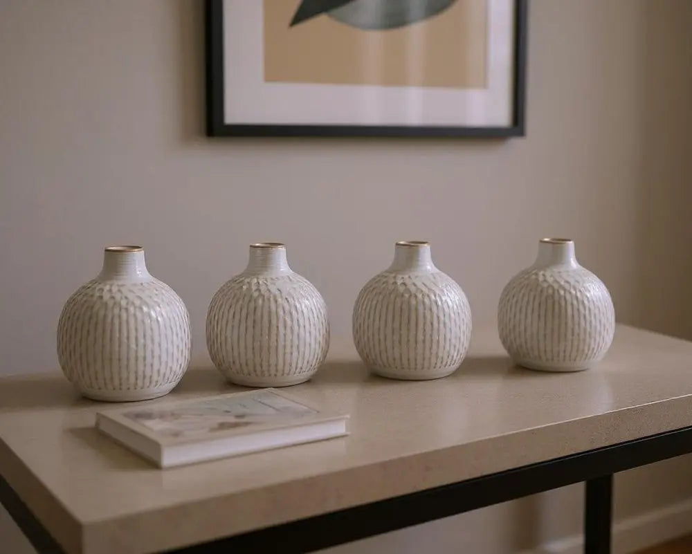 Set of Four Natural And Off White Ceramic Bud Vases With Sculptural Details - NOBLE HOME INTERIORS