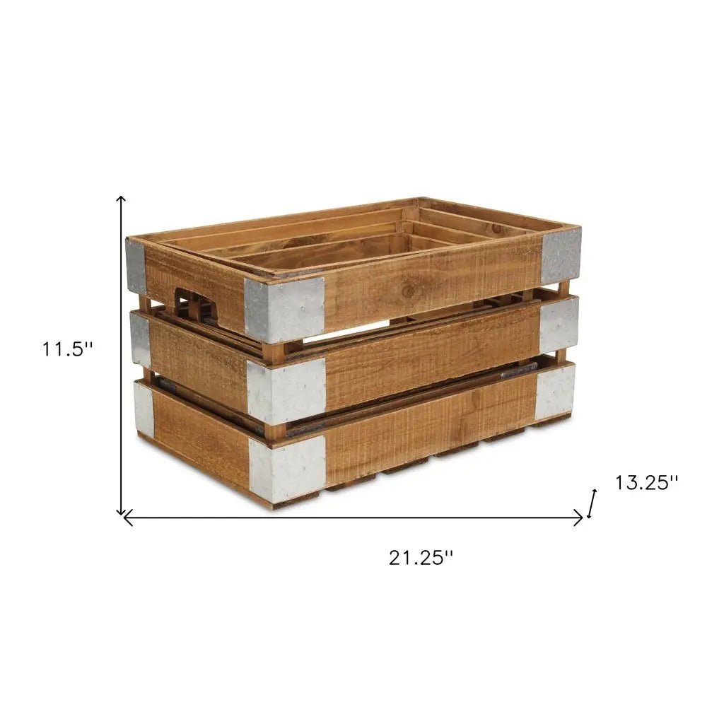 Set of Four Natural Solid Wood And Metal Crate HomeRoots