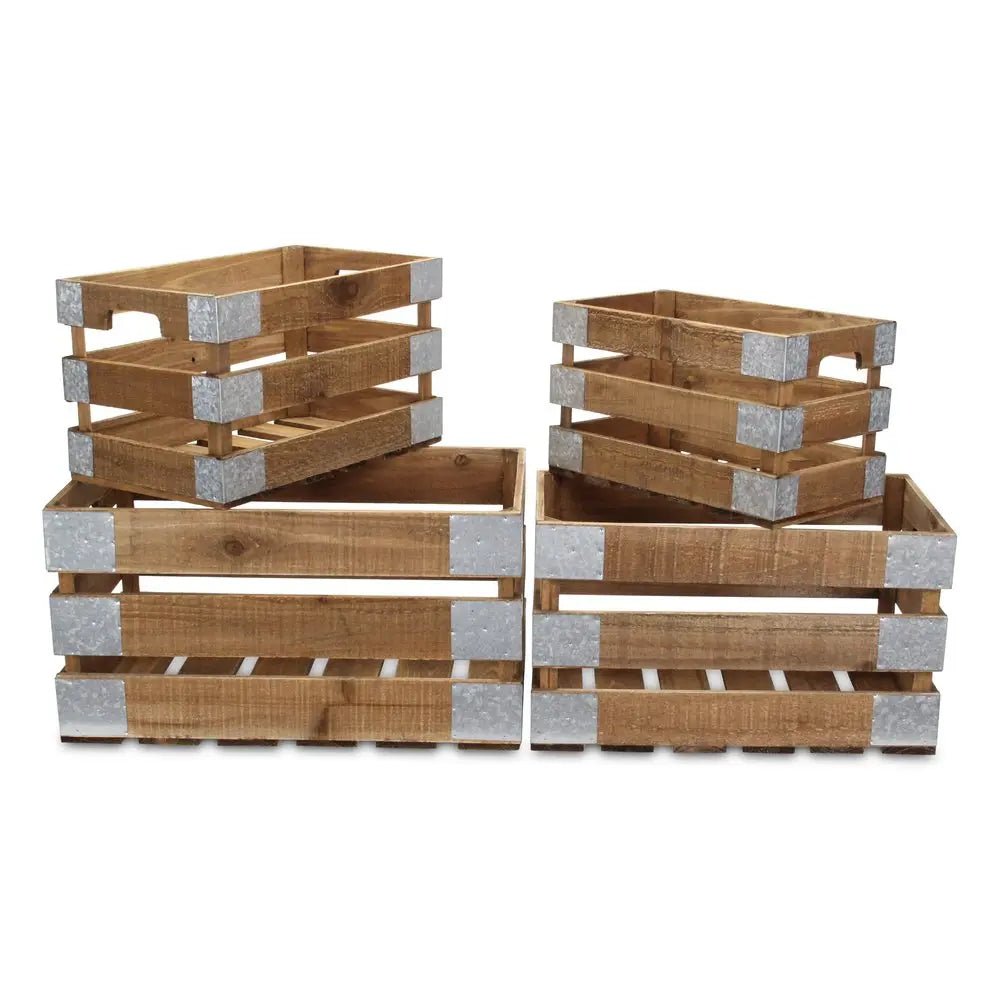 Set of Four Natural Solid Wood And Metal Crate HomeRoots