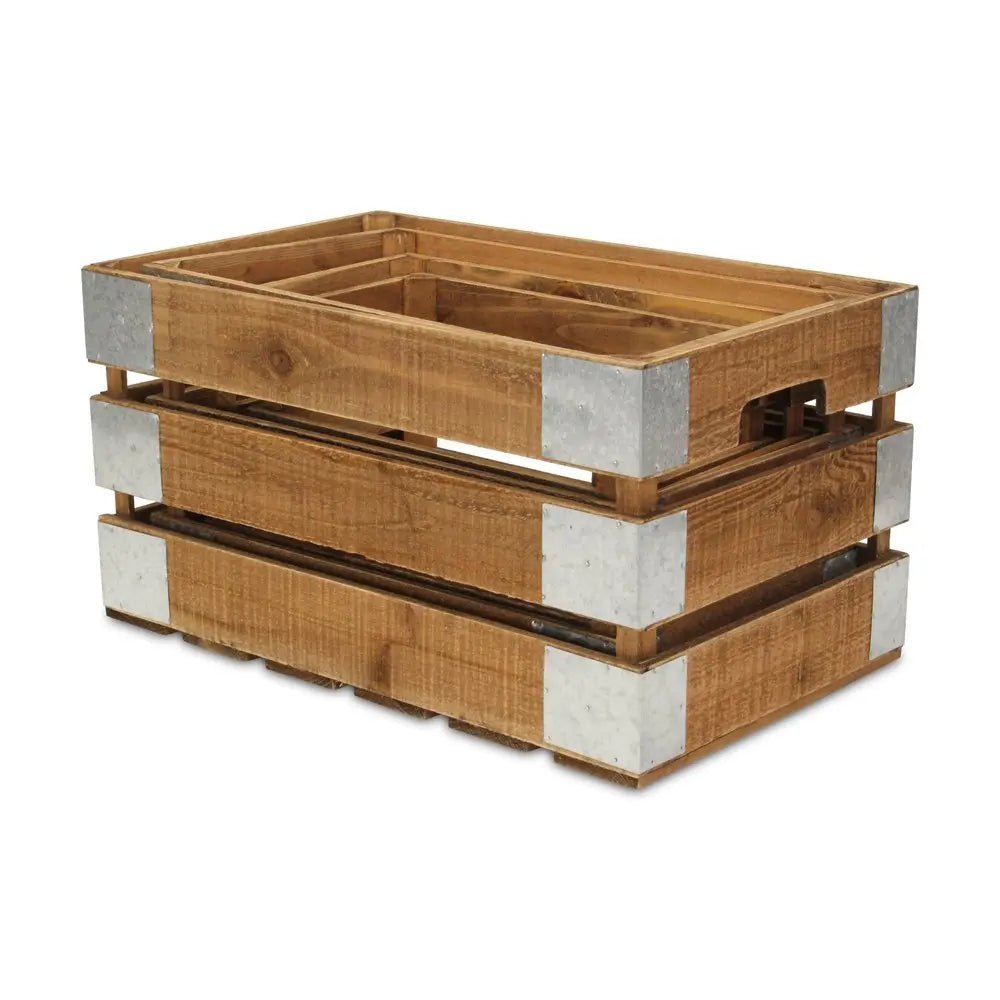 Set of Four Natural Solid Wood And Metal Crate HomeRoots