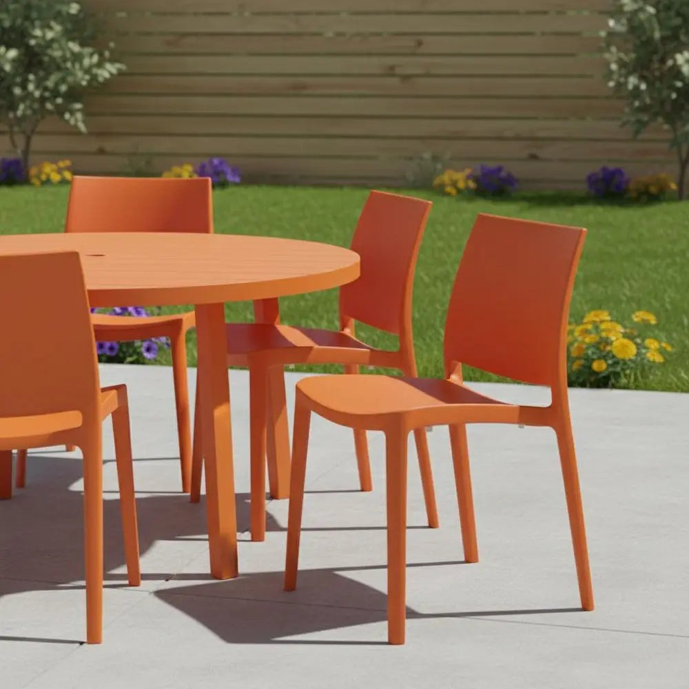 Set of Four Orange Heavy Duty Plastic Outdoor Stacking Dining Chairs - NOBLE HOME INTERIORS