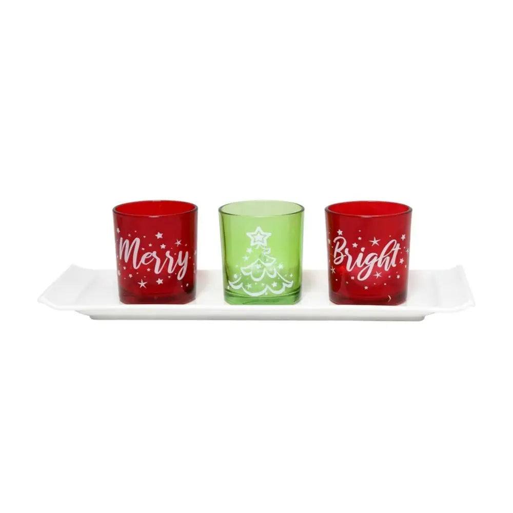 Set of Four Red Green And White Glass Christmas Tabletop Candle Holders - NOVA HOME FURNITURE