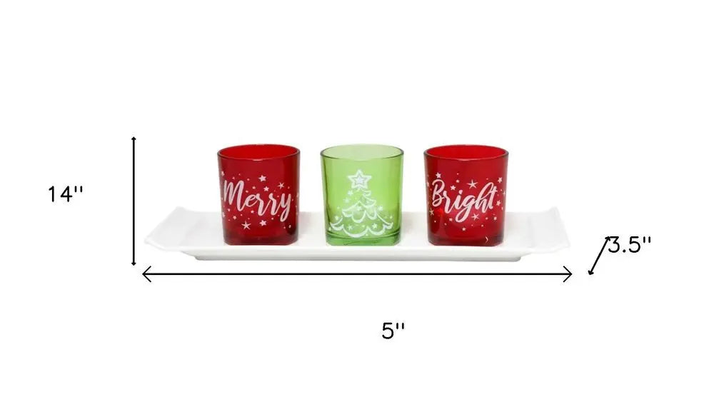 Set of Four Red Green And White Glass Christmas Tabletop Candle Holders - NOVA HOME FURNITURE
