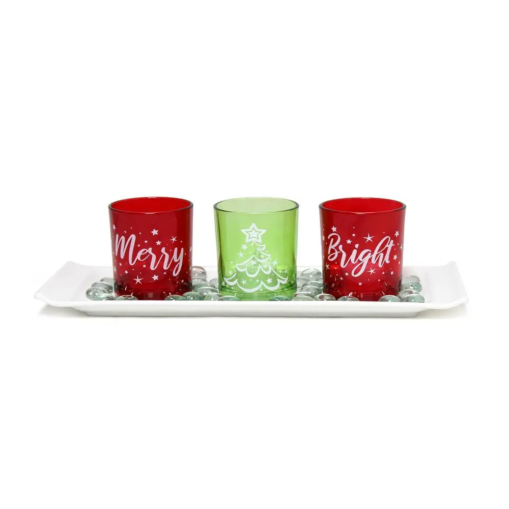 Set of Four Red Green And White Glass Christmas Tabletop Candle Holders - NOVA HOME FURNITURE