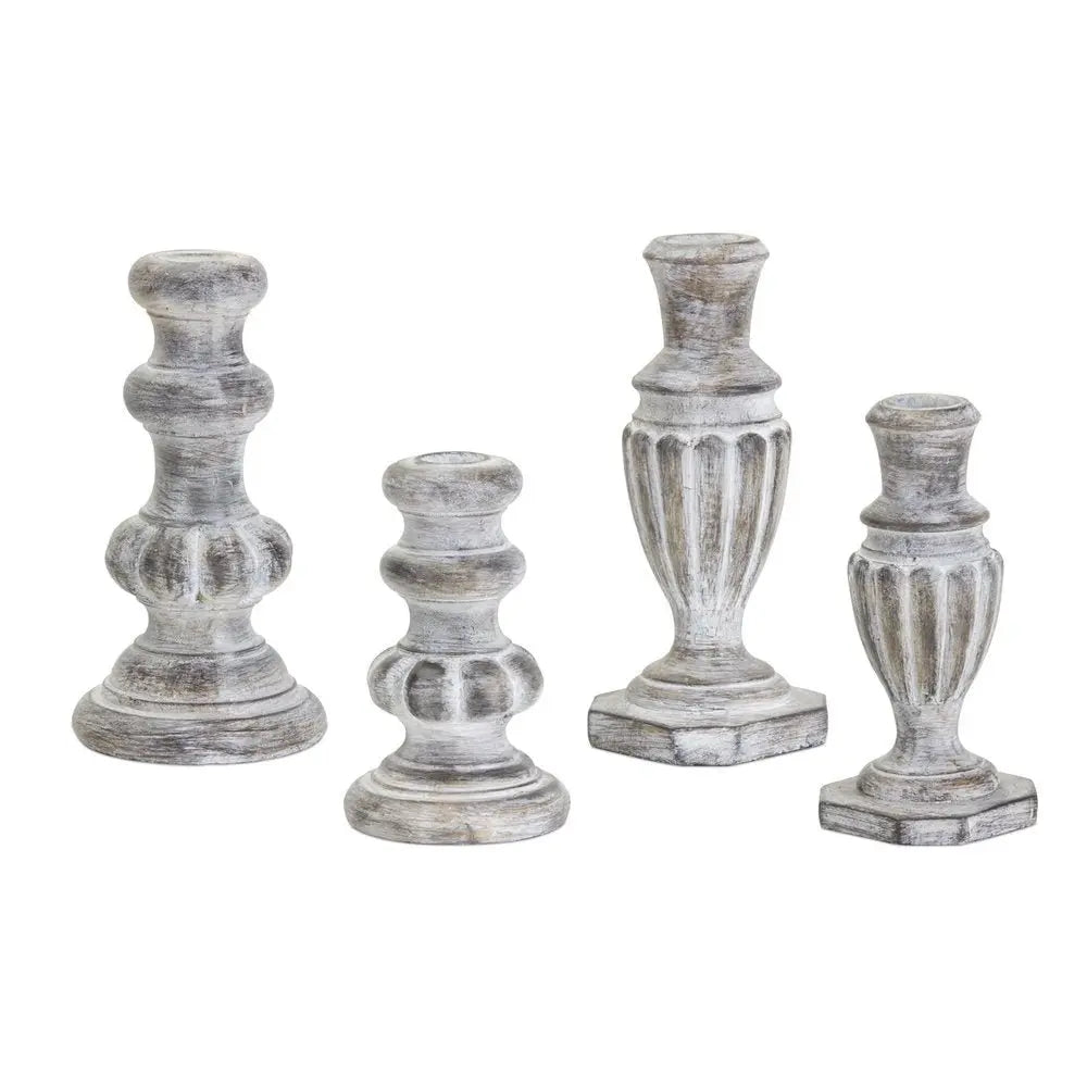 Set of Four White Washed Resin Tabletop Candle Sticks - NOBLE HOME INTERIORS