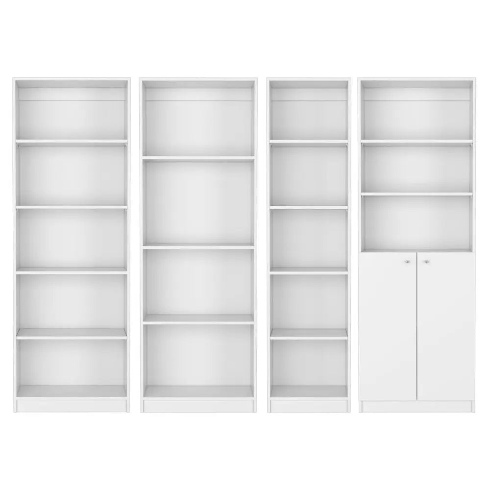 Set of Four White Wood Seventeen Tier Modular Bookcase with Two Doors - NOBLE HOME INTERIORS
