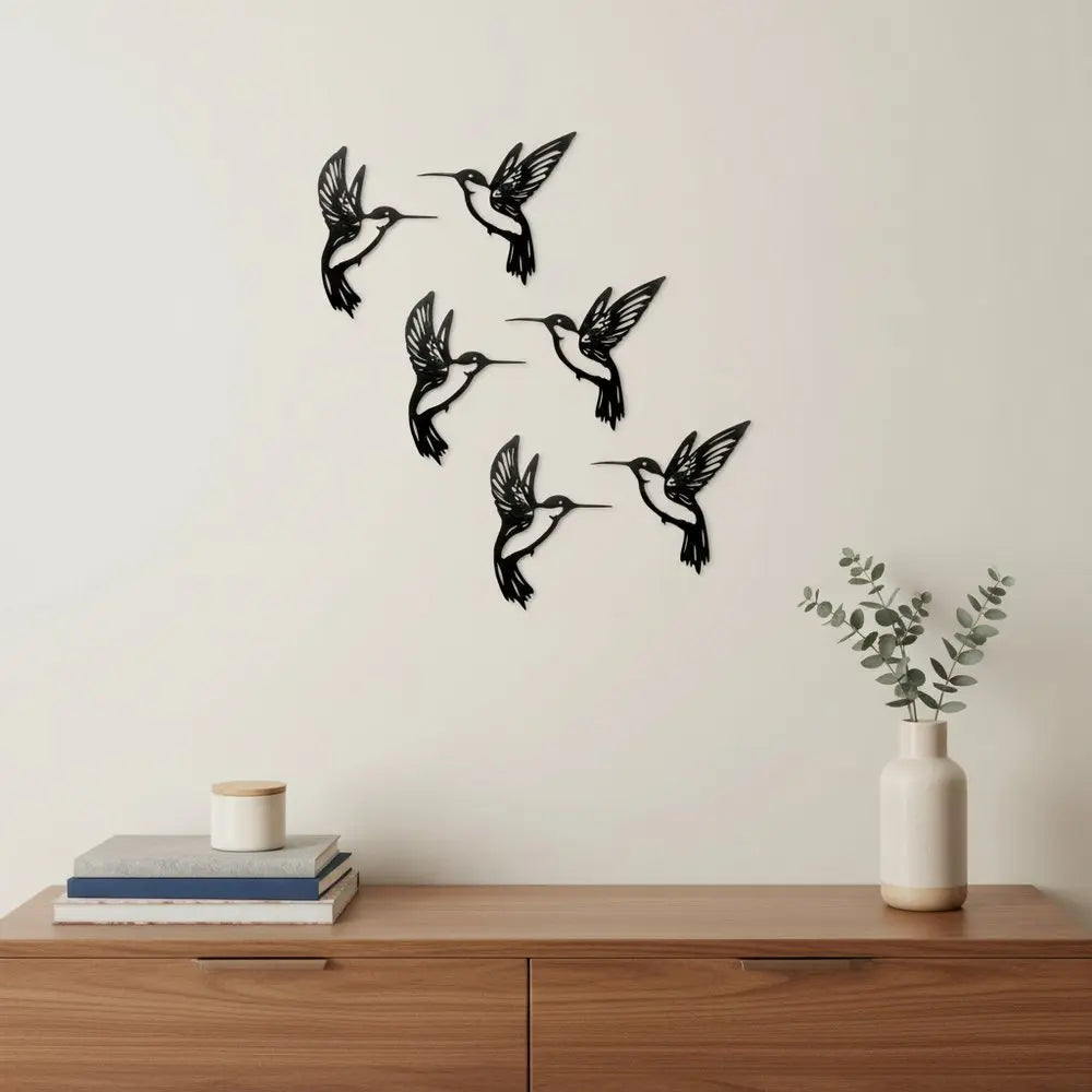 Set of Six Black Metal Hummingbird Hanging Dimensional Sculptures - NOBLE HOME INTERIORS