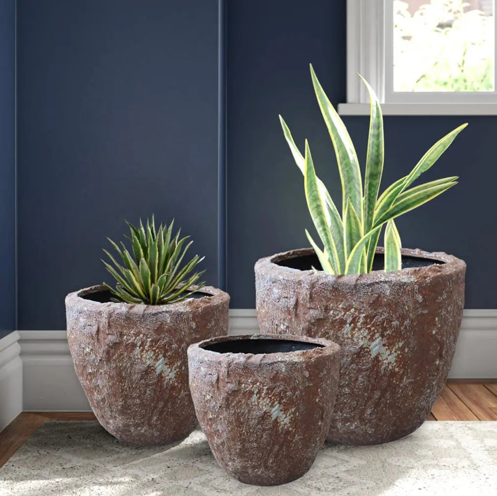 Set of Three 21" Brown Stone Indoor Outdoor Round Pot Planter - NOBLE HOME INTERIORS