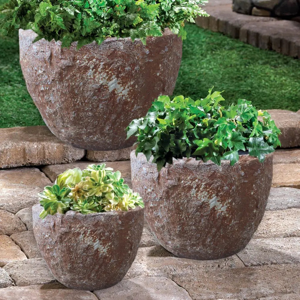 Set of Three 21" Brown Stone Indoor Outdoor Round Pot Planter - NOBLE HOME INTERIORS