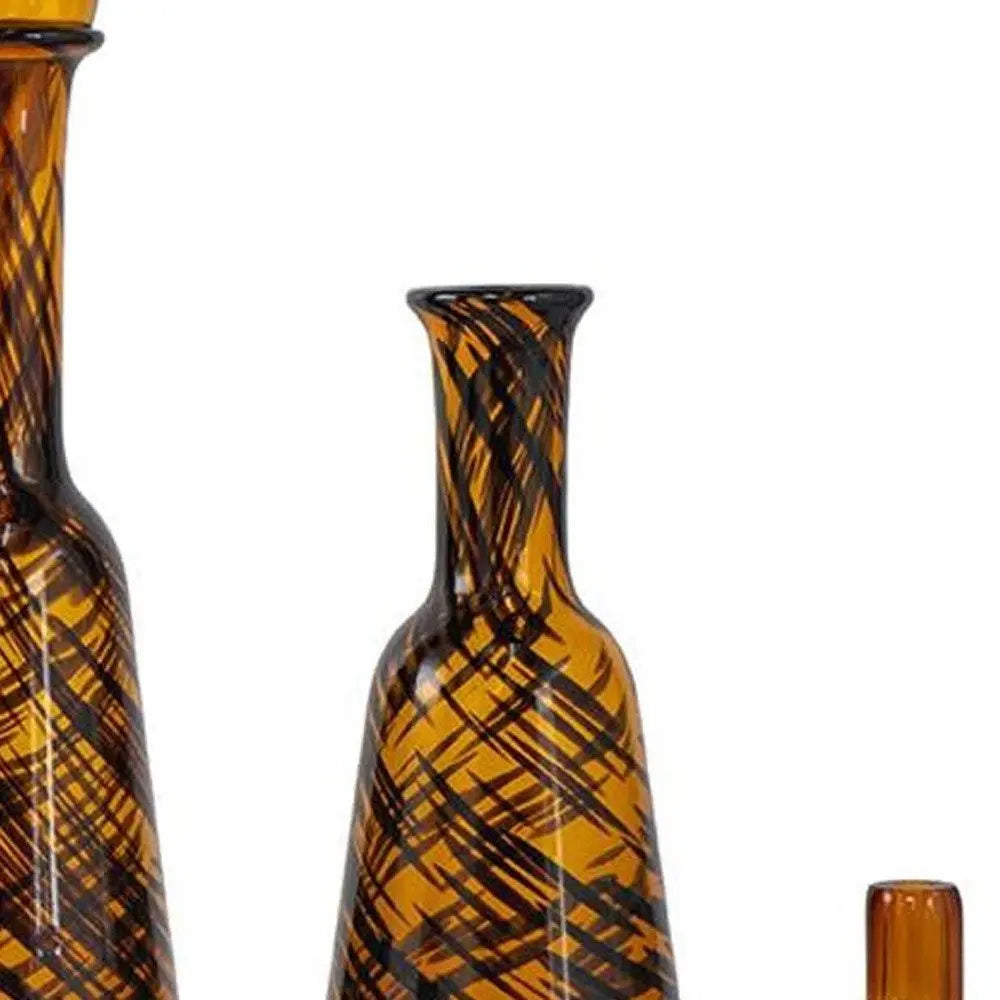 Set of Three Amber Abstract Swirl Glass Decorative Bottles With Stoppers - NOBLE HOME INTERIORS