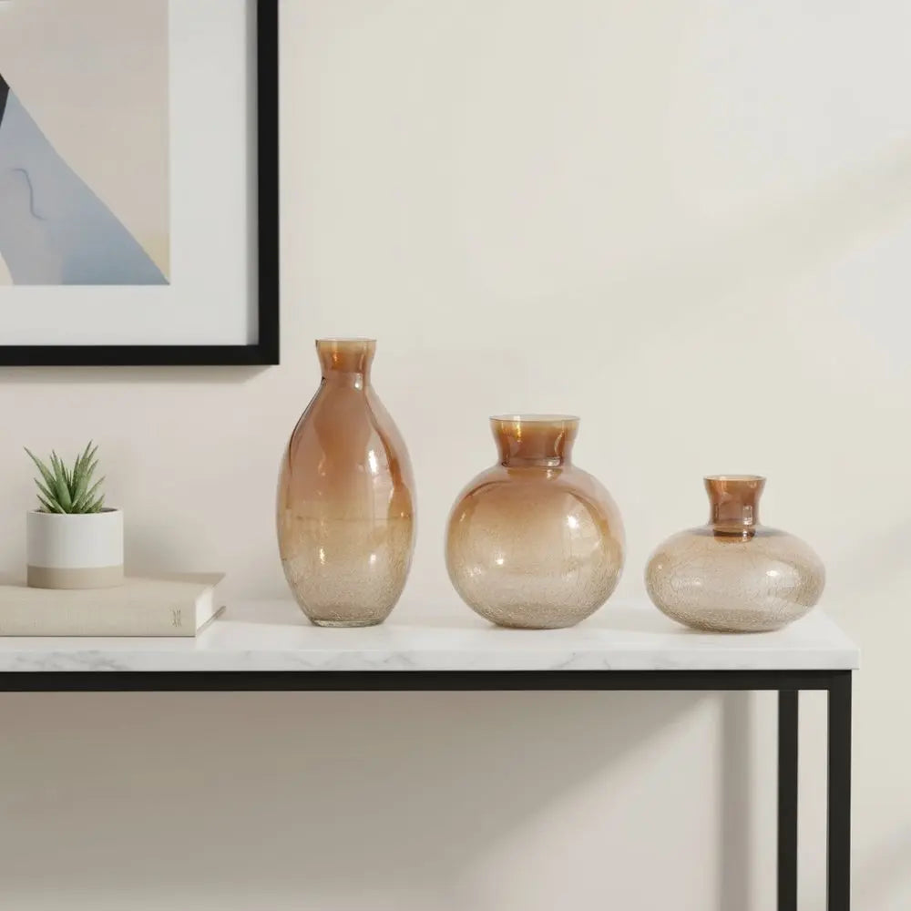 Set of Three Beige And Brown Crackle Glaze Glass Table Vases - NOBLE HOME INTERIORS