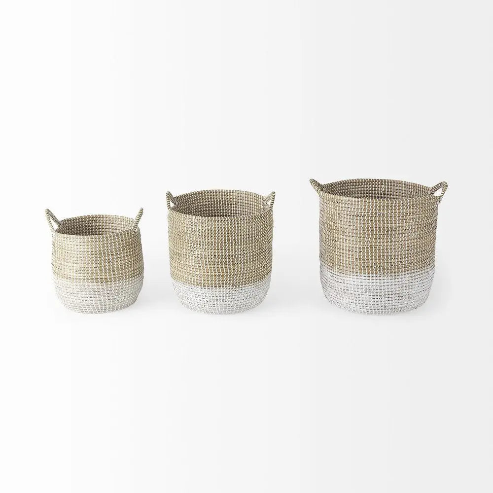 Set of Three Beige And White Wicker Desk Organizer - NOBLE HOME INTERIORS