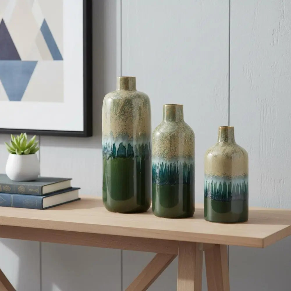 Set of Three Beige Blue And Green Round Ceramic Table Vase - NOBLE HOME INTERIORS