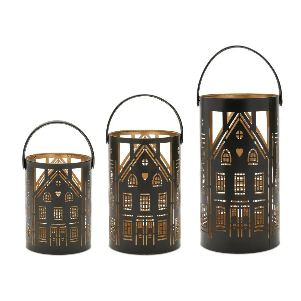 Set of Three Black And Gold Hammered Glass Tabletop Pillar Candle Holders - NOVA HOME FURNITURE