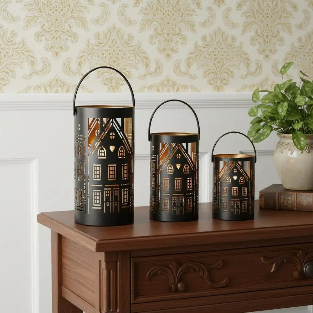 Set of Three Black And Gold Hammered Glass Tabletop Pillar Candle Holders - NOVA HOME FURNITURE