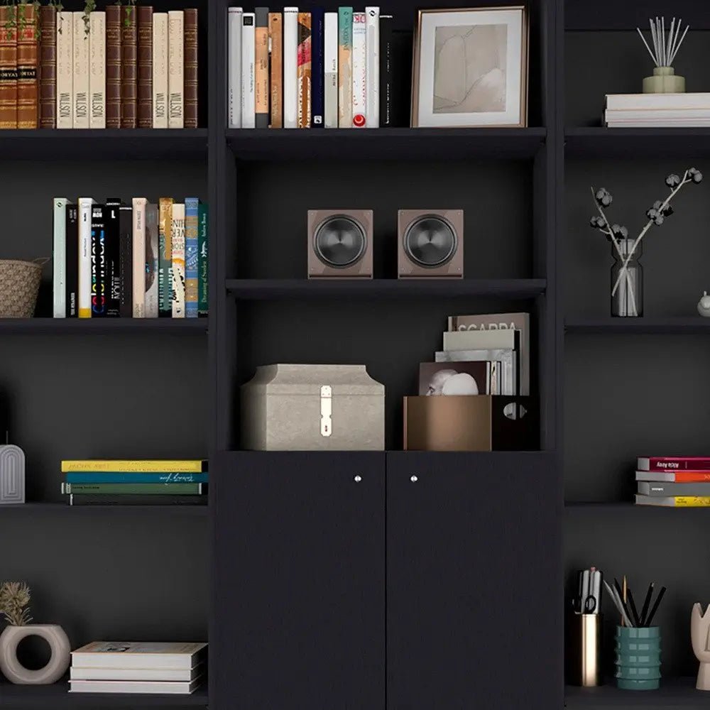 Set of Three Black Five Tier Bookcase with Two Doors HomeRoots