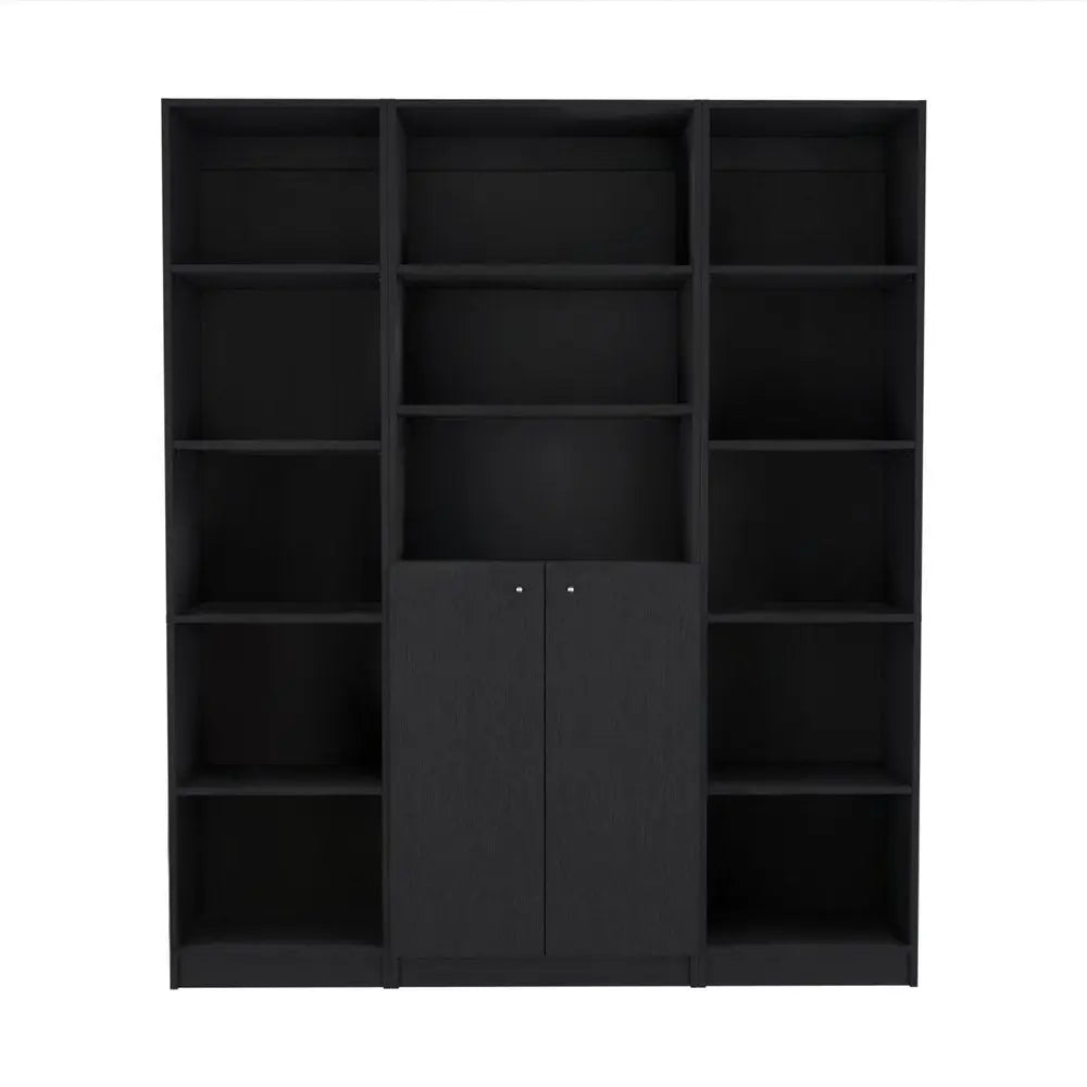Set of Three Black Five Tier Bookcases with Two Doors HomeRoots