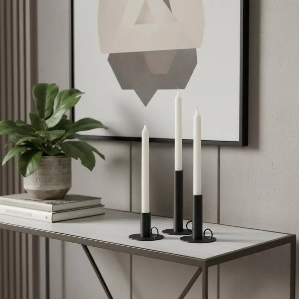 Set of Three Black Geometric Metal Tabletop Taper Candlesticks HomeRoots
