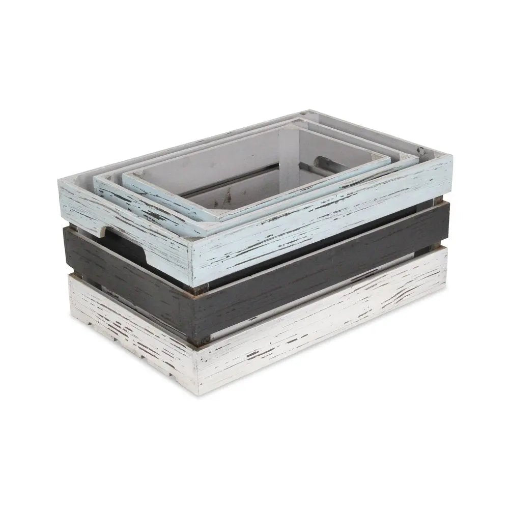 Set of Three Black Light Blue And Off White Solid Wood Crate - NOBLE HOME INTERIORS