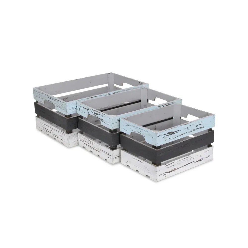 Set of Three Black Light Blue And Off White Solid Wood Crate - NOBLE HOME INTERIORS