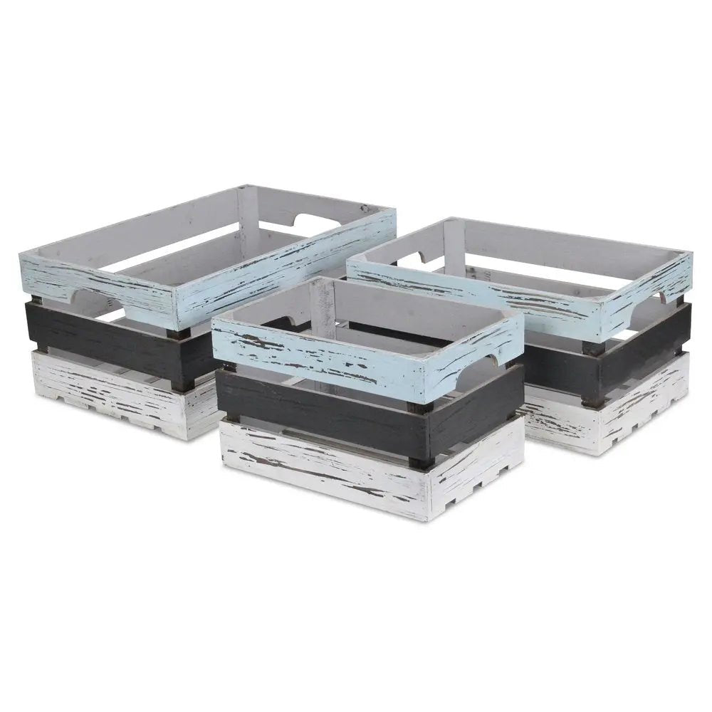 Set of Three Black Light Blue And Off White Solid Wood Crate - NOBLE HOME INTERIORS