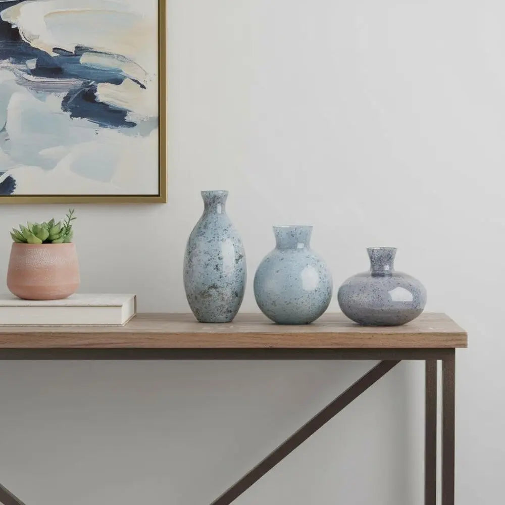 Set of Three Blue And Gray Seeded Glass Table Vases - NOBLE HOME INTERIORS