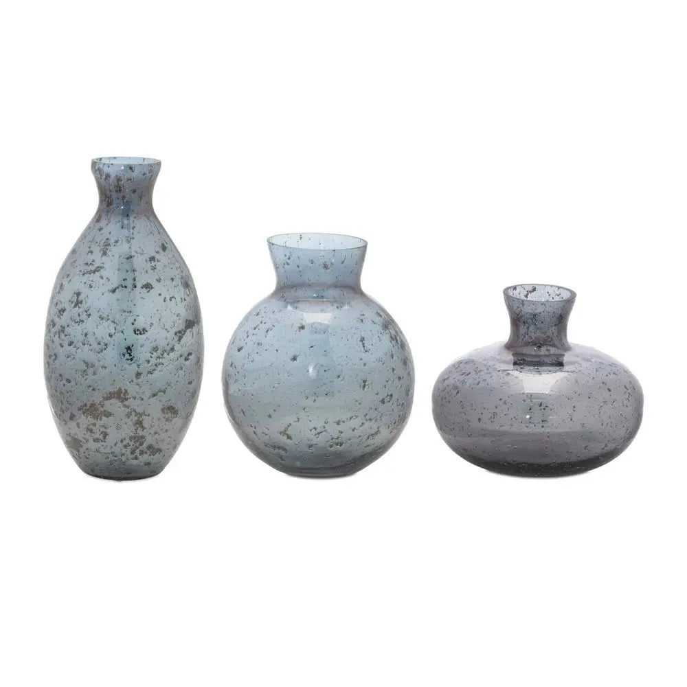 Set of Three Blue And Gray Seeded Glass Table Vases - NOBLE HOME INTERIORS