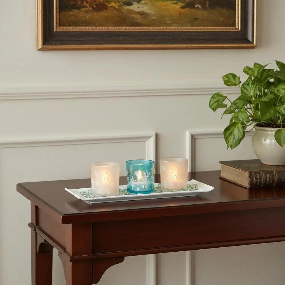 Set of Three Blue And White Snowflake Glass Christmas Tabletop Candle Holders - NOVA HOME FURNITURE