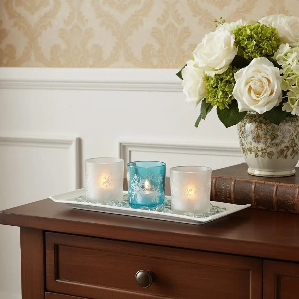 Set of Three Blue And White Snowflake Glass Christmas Tabletop Candle Holders - NOVA HOME FURNITURE