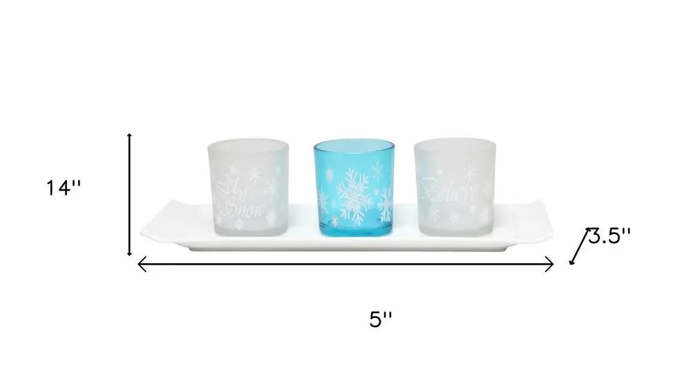 Set of Three Blue And White Snowflake Glass Christmas Tabletop Candle Holders - NOVA HOME FURNITURE