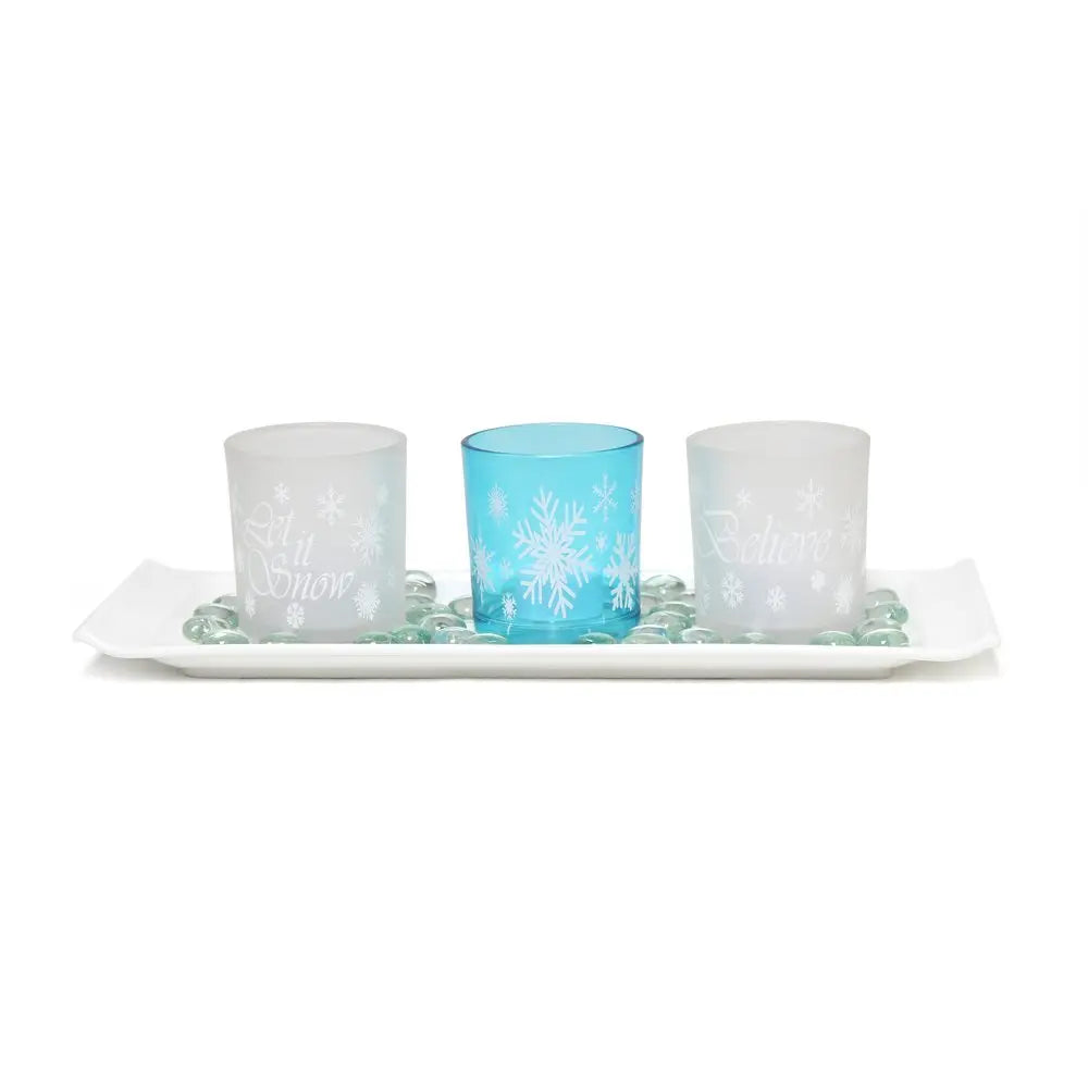 Set of Three Blue And White Snowflake Glass Christmas Tabletop Candle Holders - NOVA HOME FURNITURE