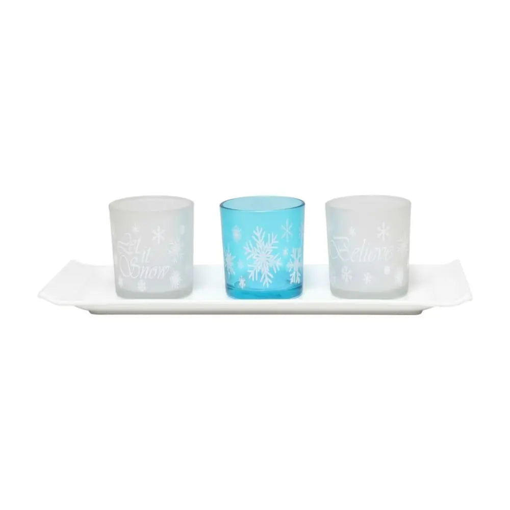 Set of Three Blue And White Snowflake Glass Christmas Tabletop Candle Holders - NOVA HOME FURNITURE