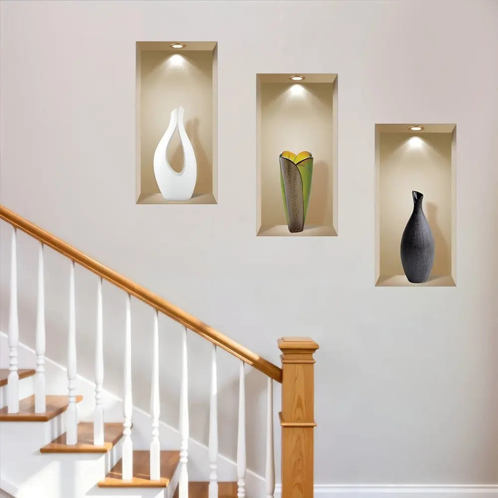 Set of Three Bot Faux Niche 3D Peel and Stick Wall Decals - NOBLE HOME INTERIORS