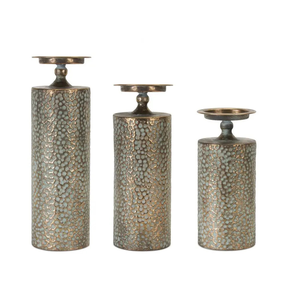 Set of Three Bronze Distressed Abstract Metal Tabletop Pillar Candle Holders - NOBLE HOME INTERIORS