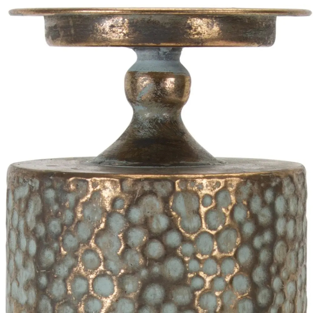 Set of Three Bronze Distressed Abstract Metal Tabletop Pillar Candle Holders - NOBLE HOME INTERIORS