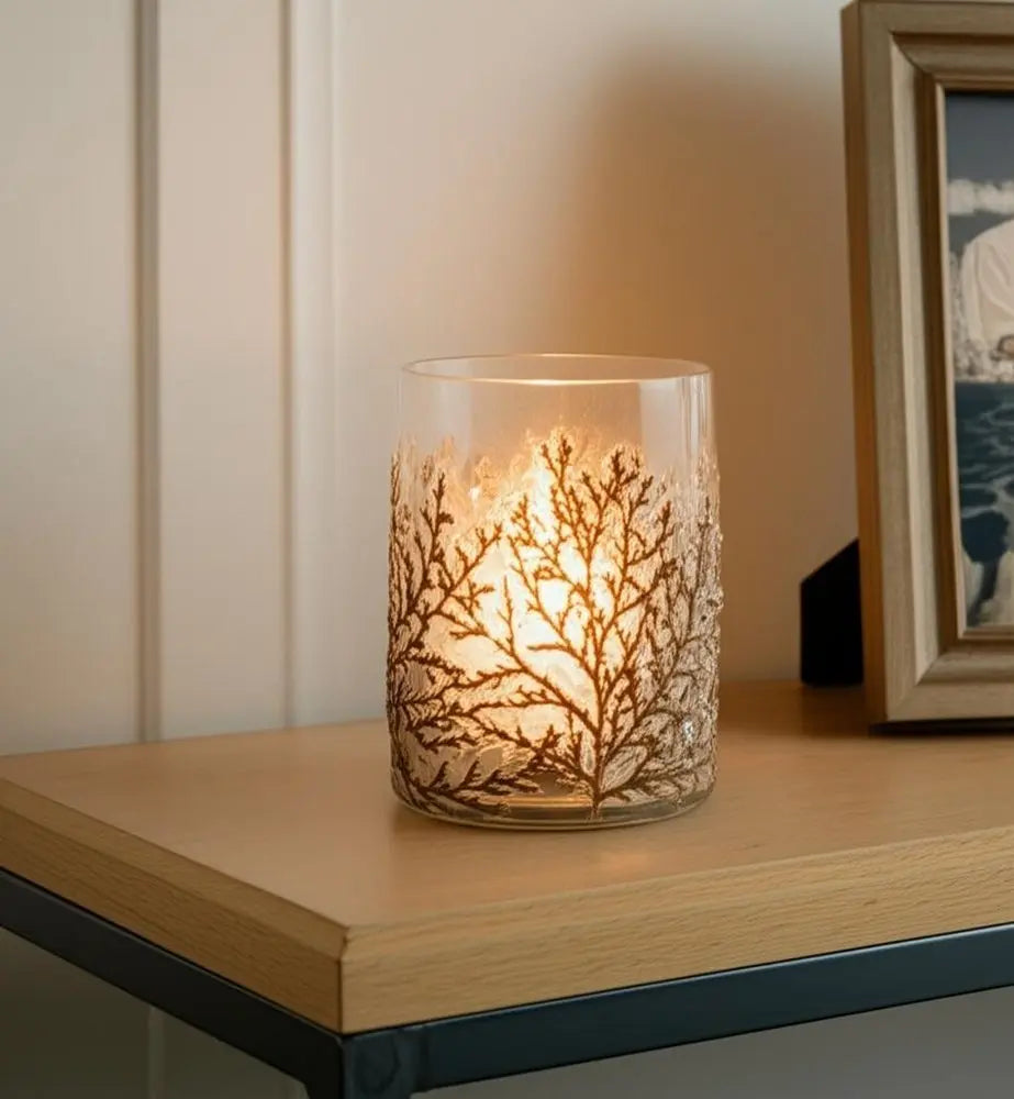 Set of Three Brown And Clear Botanical Leaf Glass Tabletop Votive Candle Holders - NOVA HOME FURNITURE