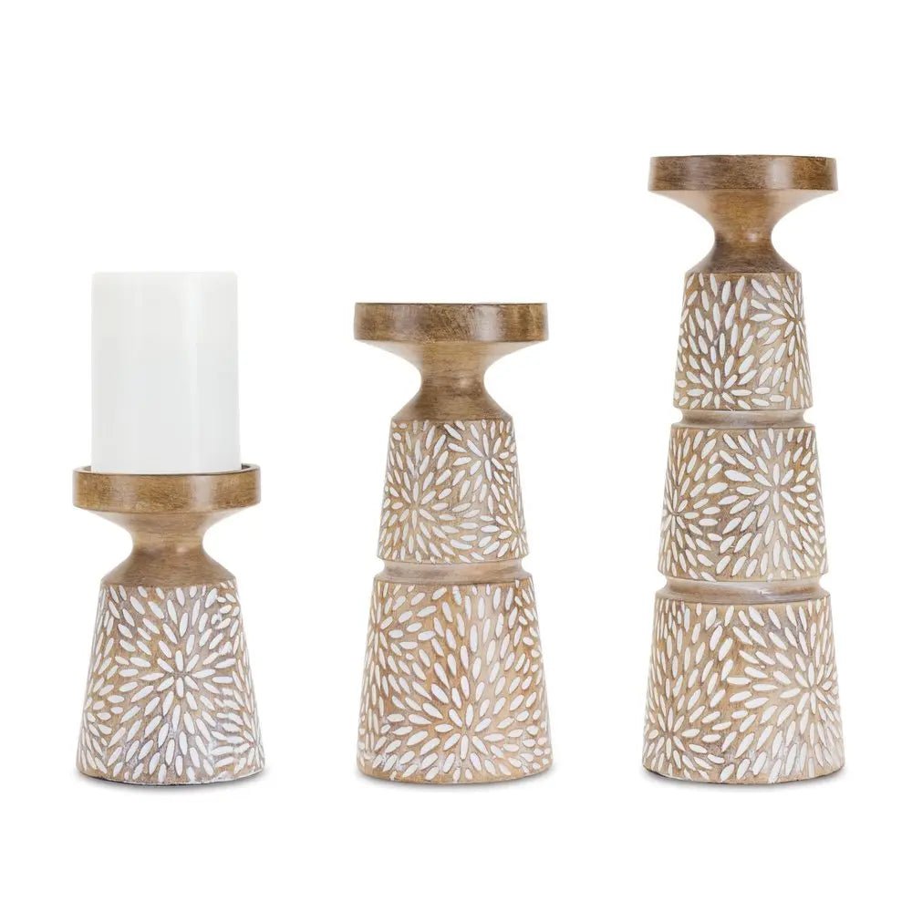 Set of Three Brown And White Distressed Floral Resin Tabletop Pillar Candle Holders HomeRoots