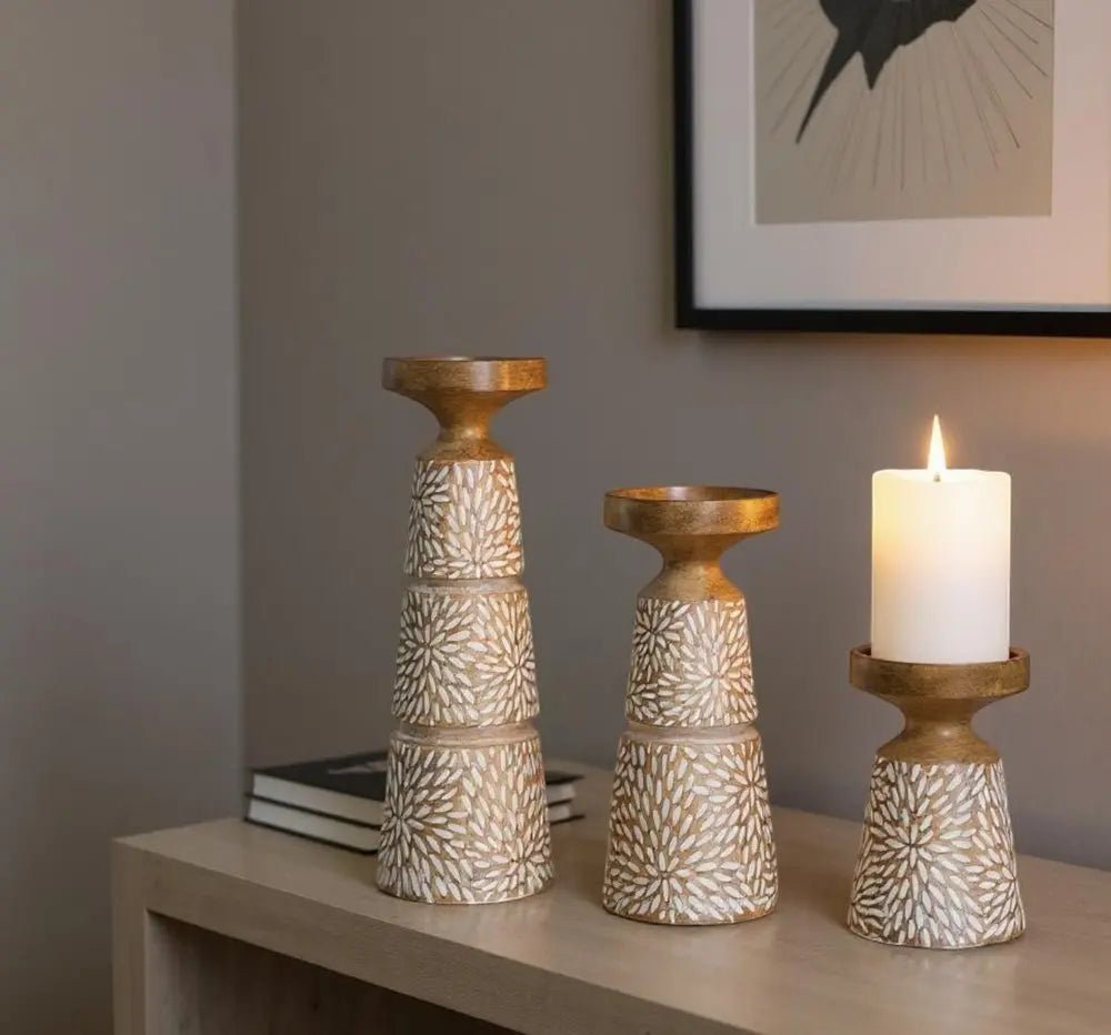 Set of Three Brown And White Distressed Floral Resin Tabletop Pillar Candle Holders HomeRoots