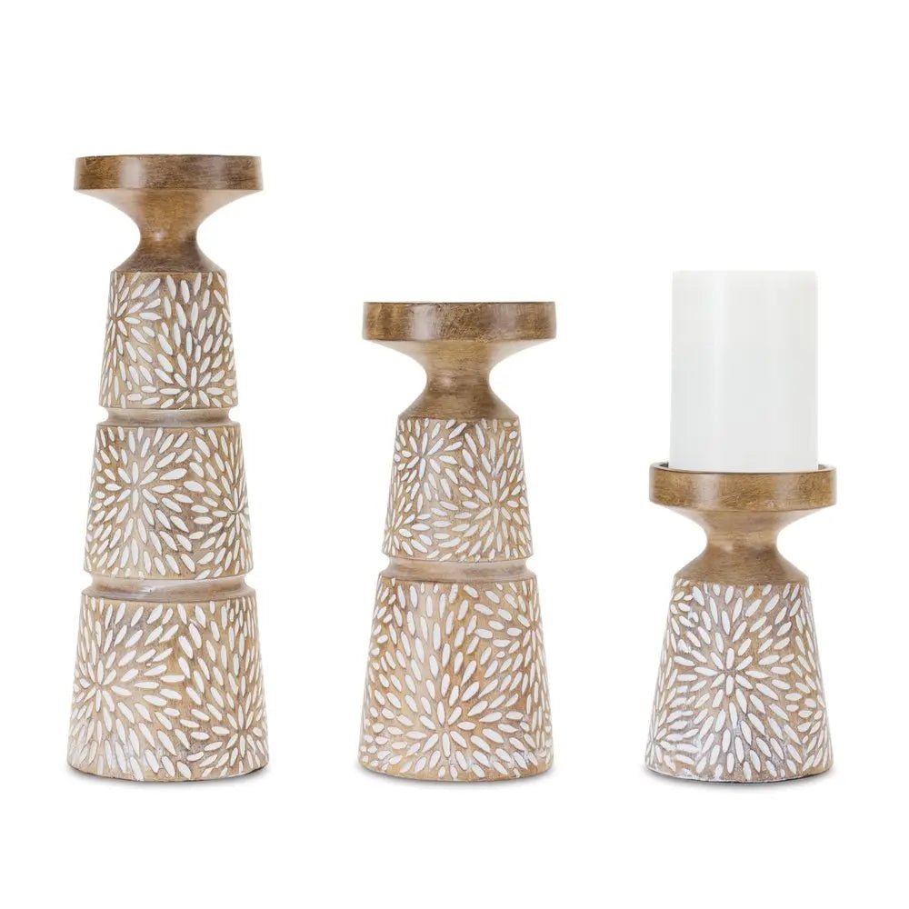 Set of Three Brown And White Distressed Floral Resin Tabletop Pillar Candle Holders HomeRoots