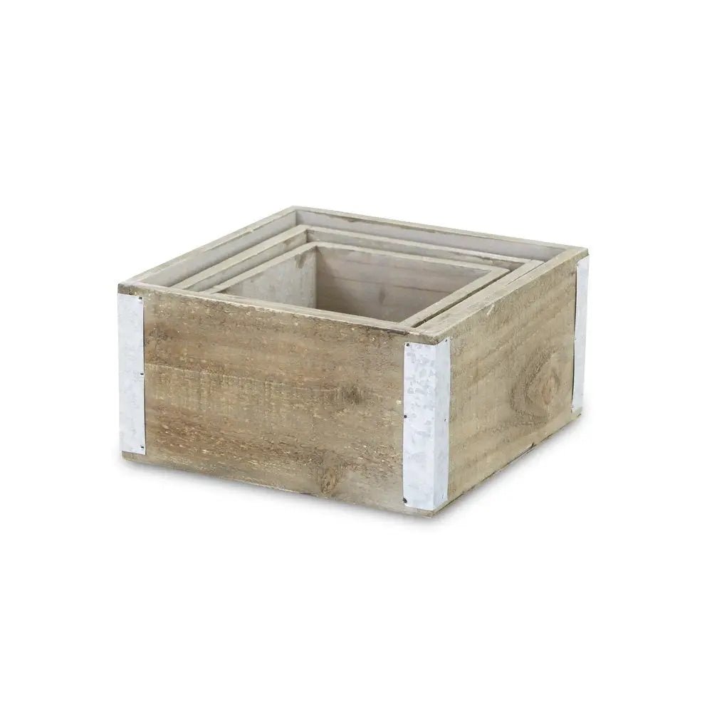 Set of Three Brown Solid Wood And Metal Crate - NOBLE HOME INTERIORS