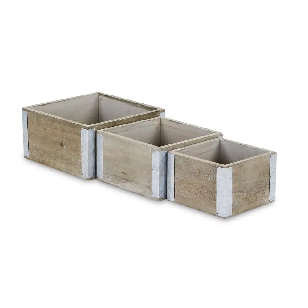 Set of Three Brown Solid Wood And Metal Crate - NOBLE HOME INTERIORS